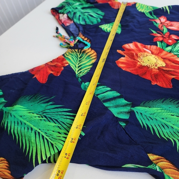 Vtg GG Hawaiian Shift Dress Floral Monstera Palm Print Tie Blue Green Red Sz L - Picture 7 of 10